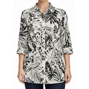 Chico's Long Sleeve Linen Top, Button Up, Black White, Tropical, Sz‎ 2/ 12-14